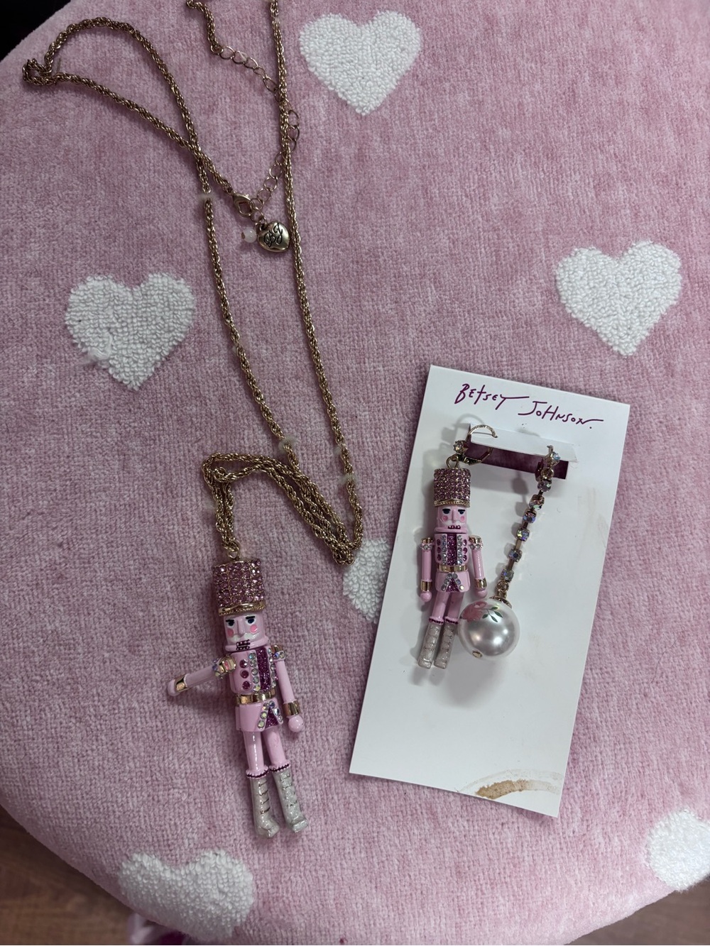 Betsey Johnson Pink Nutcracker Necklace and Earrings Set with Gold-Tone Chains